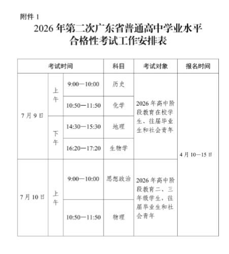 2026年广东高中第二次学考考试时间（附具体的考试时间表）